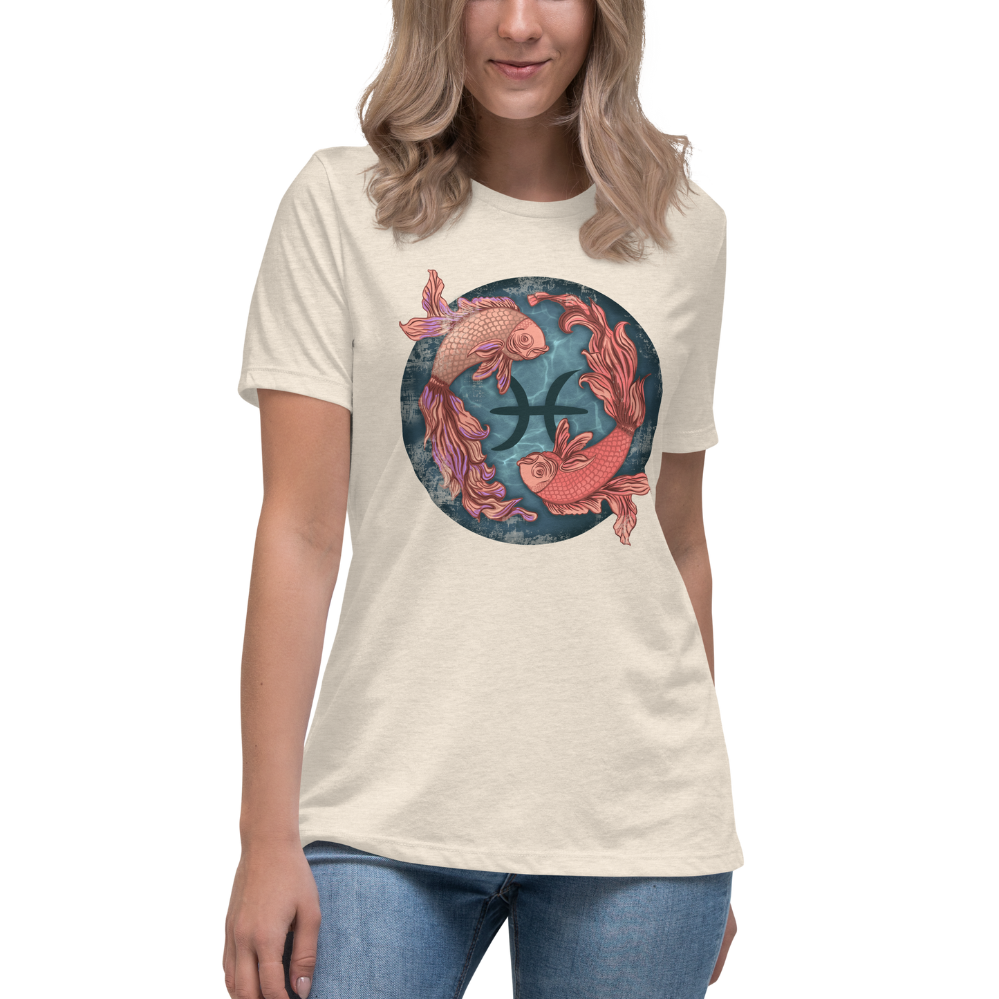 Pisces Women's Relaxed Fit T-Shirt, Short Sleeve Zodiac Sign Tee Birthday Gift for Her - 2 Swimming Fish - Celestial Astrology Gift for Ladies