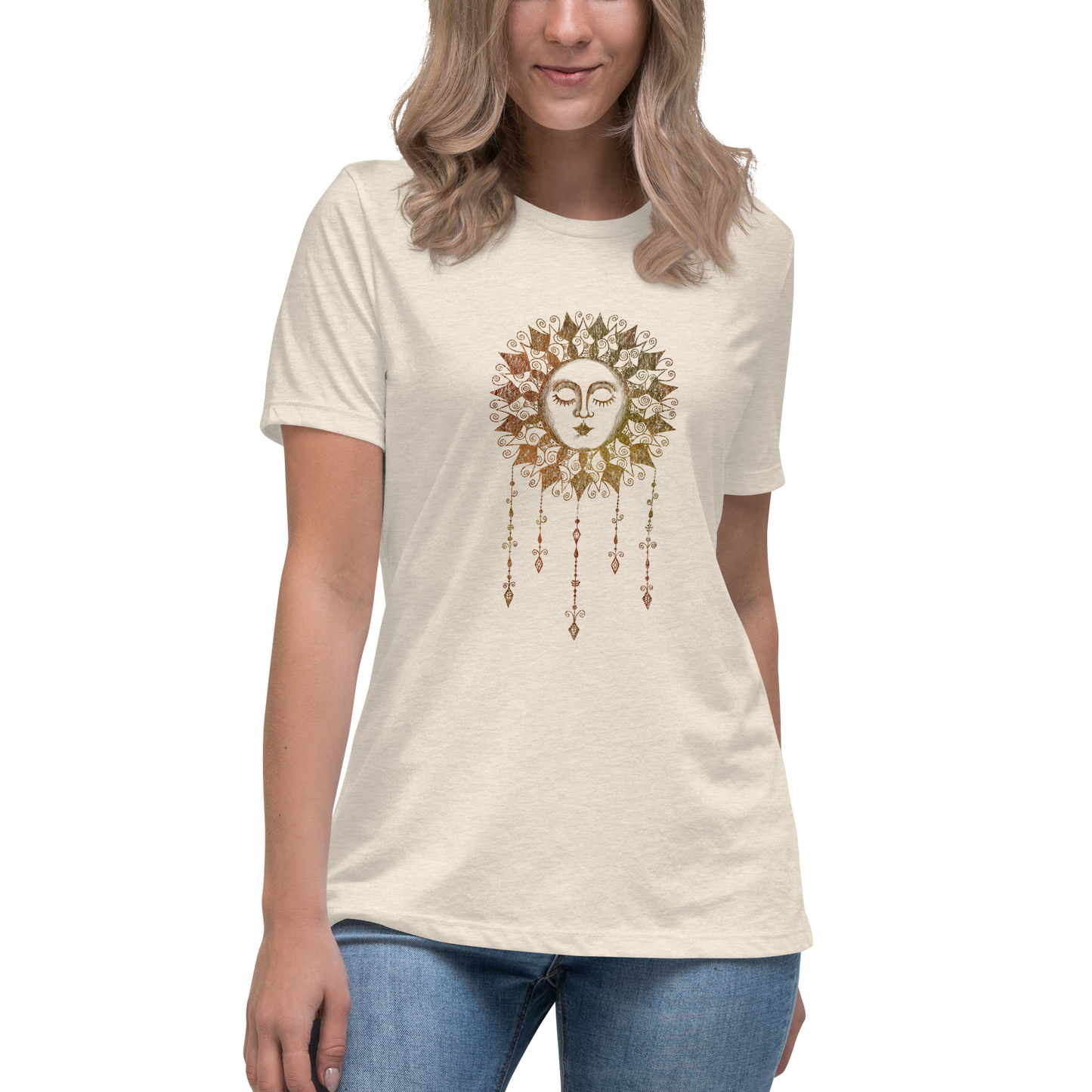 Women's Graphic Tee Boho Sun, Ladies Relaxed Fit T-Shirt, Sun with Face Celestial Art Short Sleeve Shirt for Her