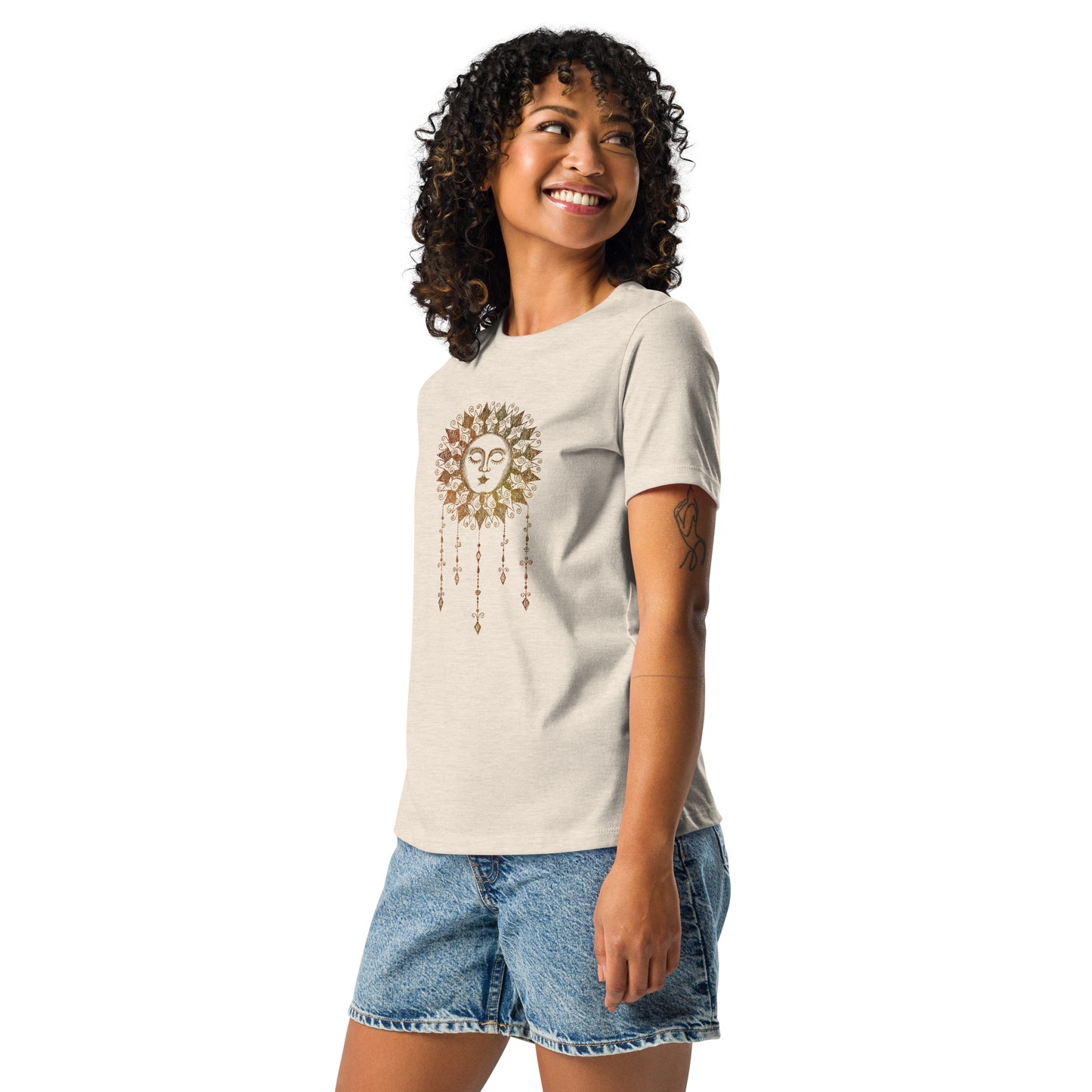 Women's Graphic Tee Boho Sun, Ladies Relaxed Fit T-Shirt, Sun with Face Celestial Art Short Sleeve Shirt for Her