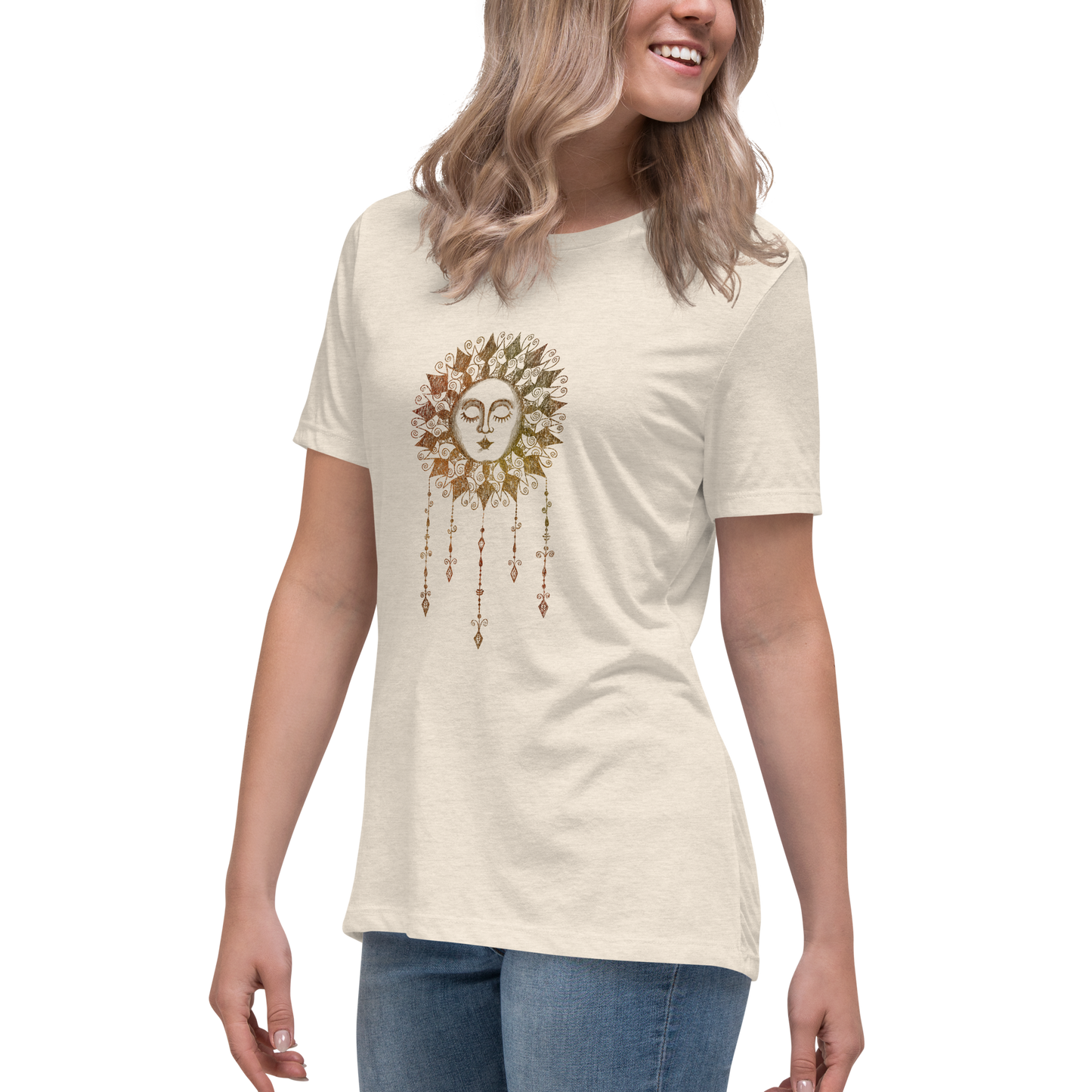 Women's Graphic Tee Boho Sun, Ladies Relaxed Fit T-Shirt, Sun with Face Celestial Art Short Sleeve Shirt for Her