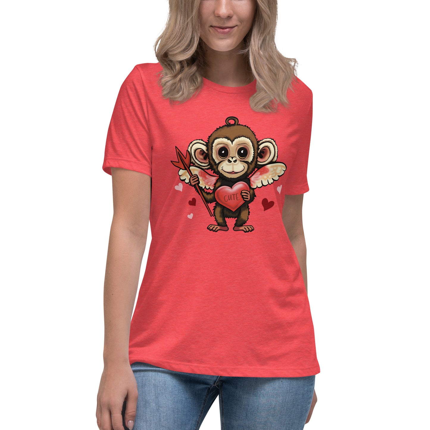 Women's Valentine's Day Relaxed T Shirt - Cupid Monkey Cute Tee for Ladies - Casual Women's Clothing - Short Sleeve Shirt with Hearts and Animal Graphic