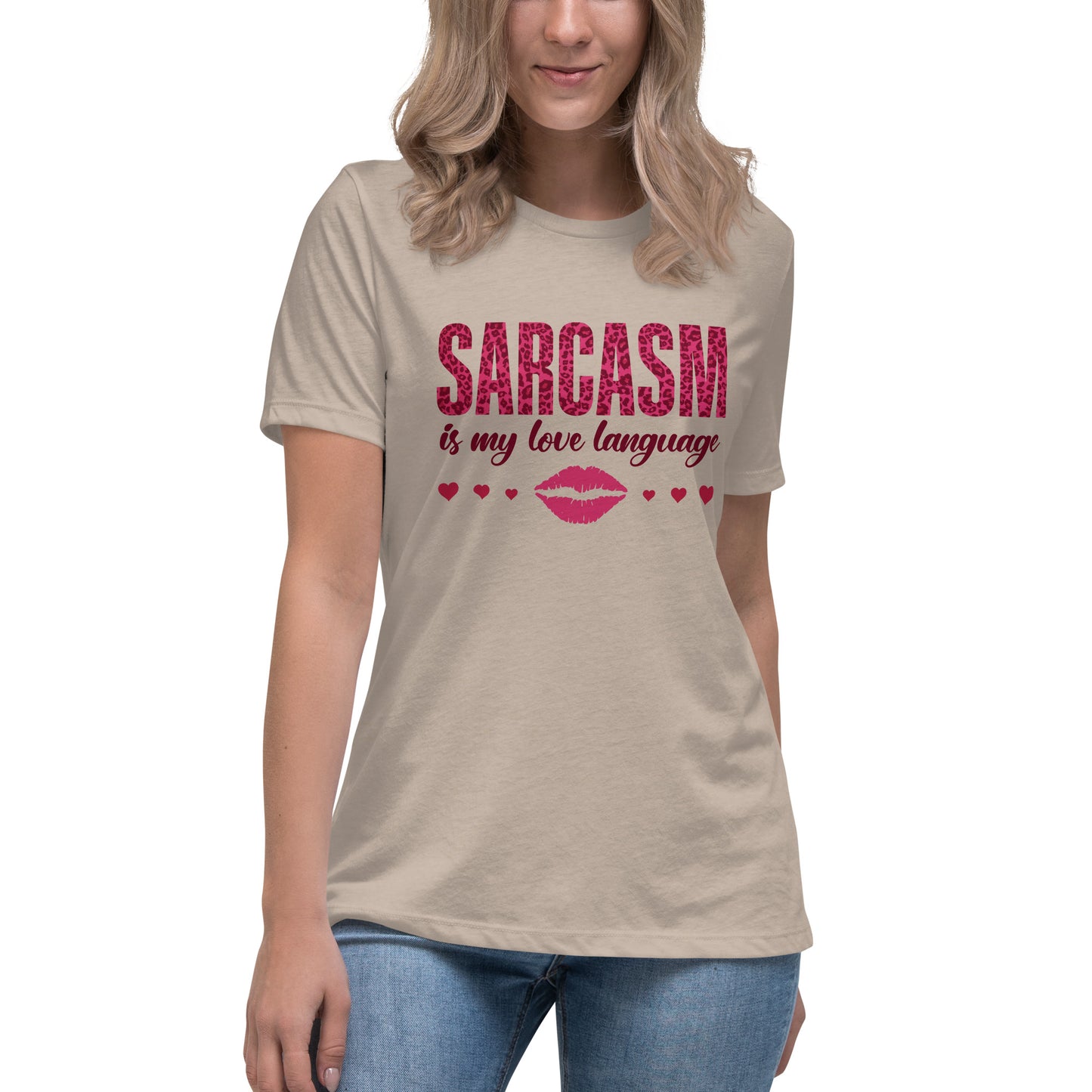 Women's Valentine's Day T Shirt - Sarcasm Is My Love Language Ladies Relaxed Fit Tee - Humorous Sarcastic Red Lips and Hearts Short Sleeve Shirt - Leopard Spots Valentine's Day Graphic Shirt