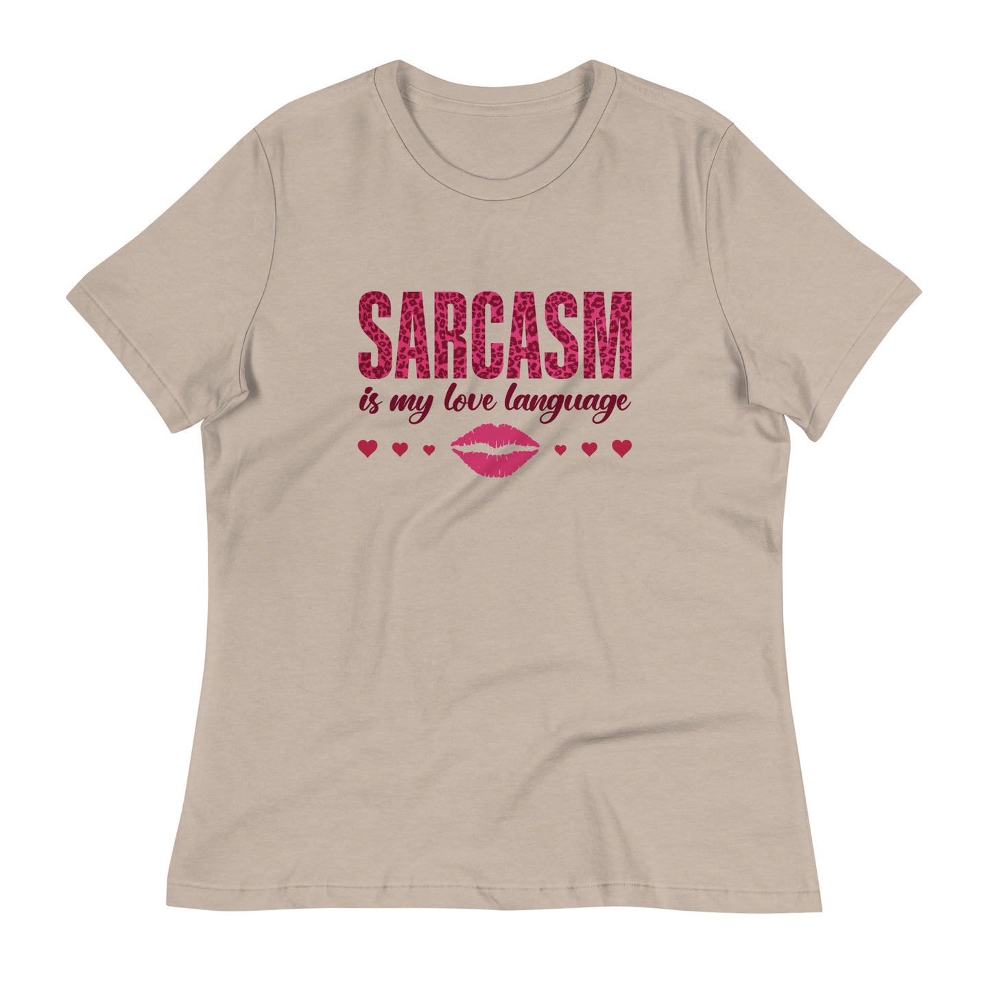 Women's Valentine's Day T Shirt - Sarcasm Is My Love Language Ladies Relaxed Fit Tee - Humorous Sarcastic Red Lips and Hearts Short Sleeve Shirt - Leopard Spots Valentine's Day Graphic Shirt