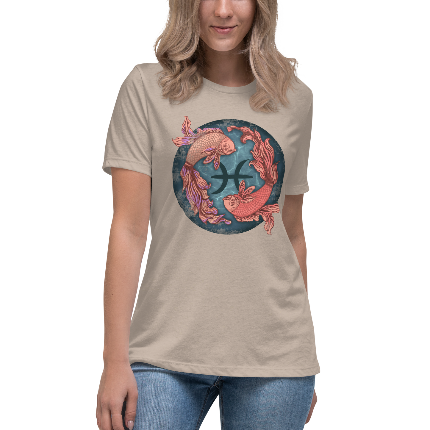 Pisces Women's Relaxed Fit T-Shirt, Short Sleeve Zodiac Sign Tee Birthday Gift for Her - 2 Swimming Fish - Celestial Astrology Gift for Ladies