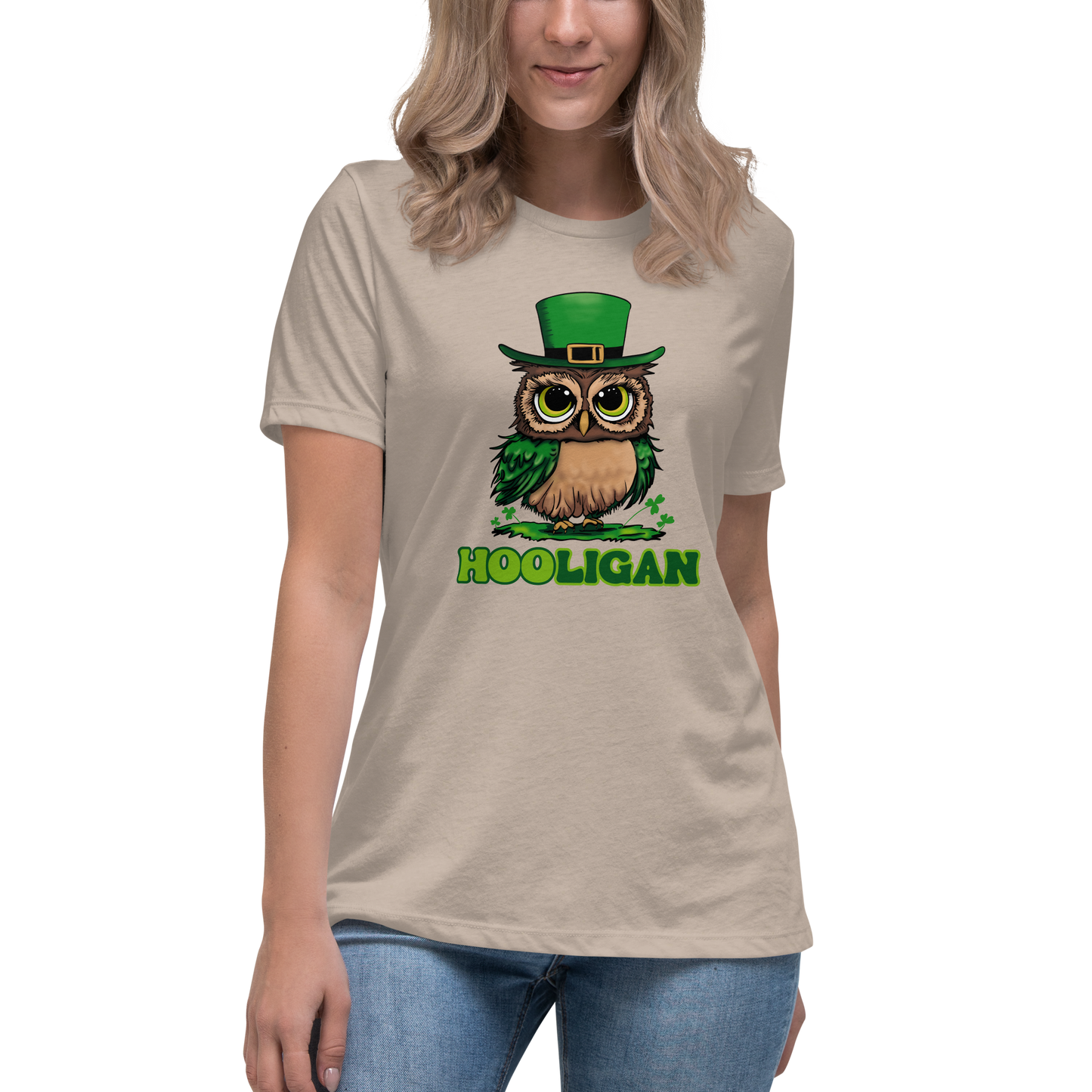 St. Patrick's Day Women's  T-Shirt, Cute Owl Shamrock Tee, Hooligan Ladies Short Sleeve Relaxed Fit Shirt