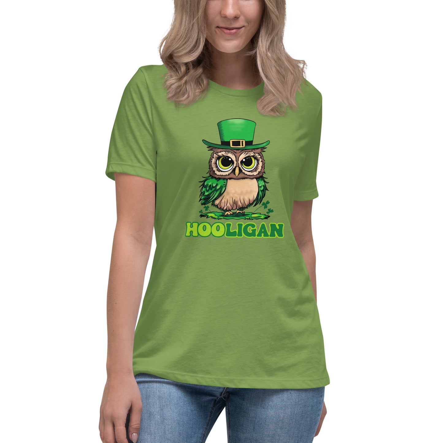 St. Patrick's Day Women's  T-Shirt, Cute Owl Shamrock Tee, Hooligan Ladies Short Sleeve Relaxed Fit Shirt