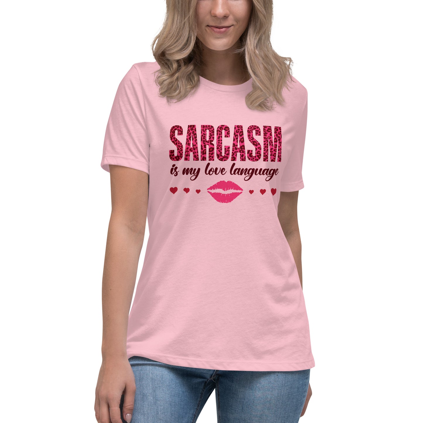 Women's Valentine's Day T Shirt - Sarcasm Is My Love Language Ladies Relaxed Fit Tee - Humorous Sarcastic Red Lips and Hearts Short Sleeve Shirt - Leopard Spots Valentine's Day Graphic Shirt