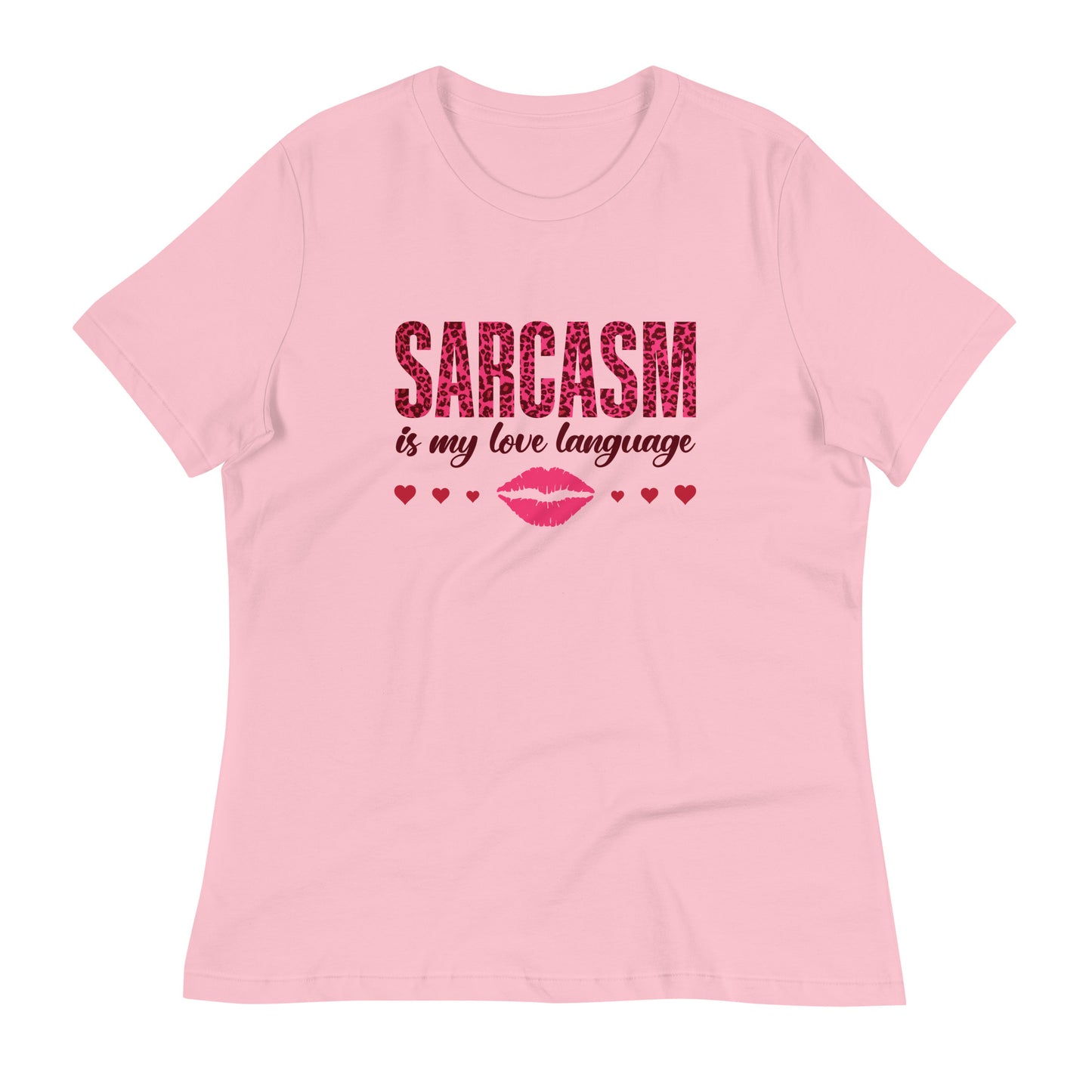 Women's Valentine's Day T Shirt - Sarcasm Is My Love Language Ladies Relaxed Fit Tee - Humorous Sarcastic Red Lips and Hearts Short Sleeve Shirt - Leopard Spots Valentine's Day Graphic Shirt