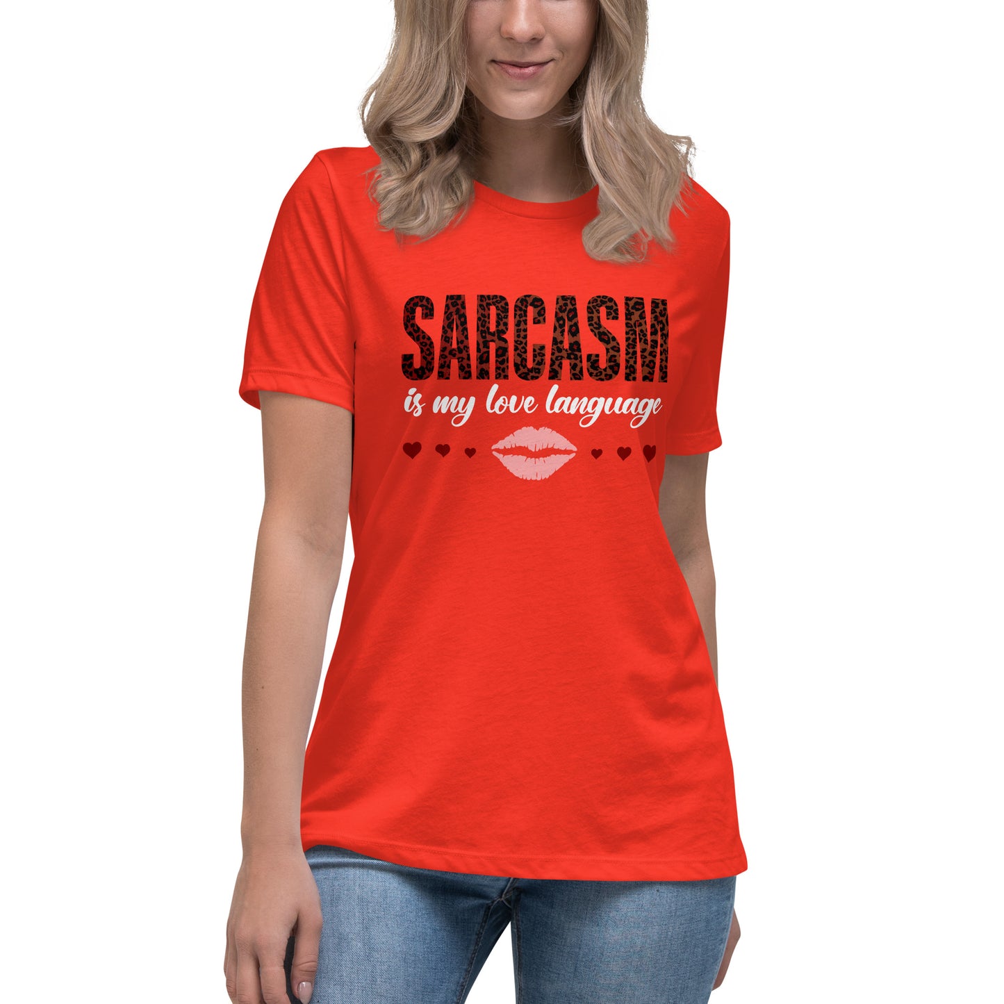 Women's Valentine's Day T Shirt - Sarcasm Is My Love Language Ladies Relaxed Fit Tee - Humorous Sarcastic Red Lips and Hearts Short Sleeve Shirt - Leopard Spots Valentine's Day Graphic Shirt