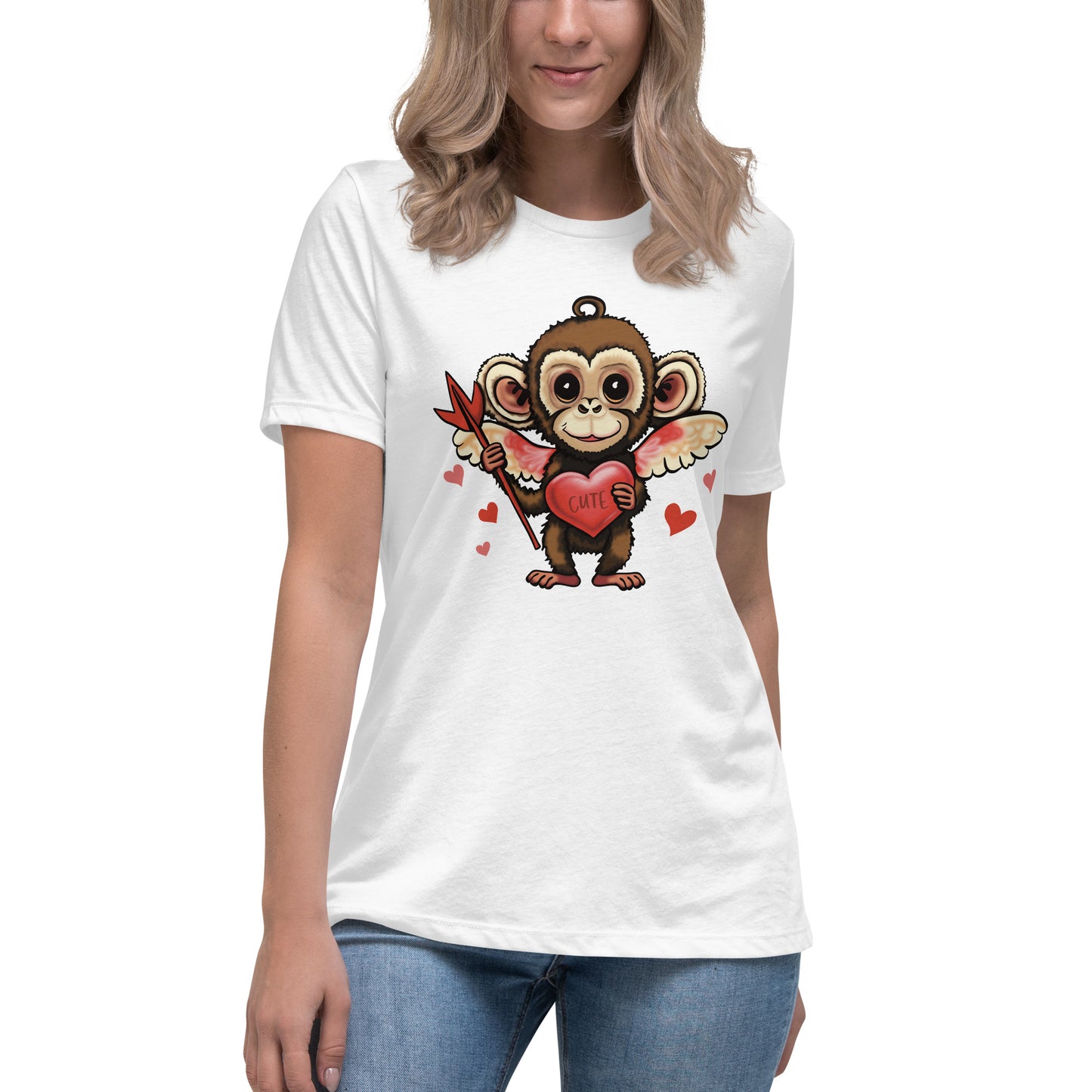 Women's Valentine's Day Relaxed T Shirt - Cupid Monkey Cute Tee for Ladies - Casual Women's Clothing - Short Sleeve Shirt with Hearts and Animal Graphic