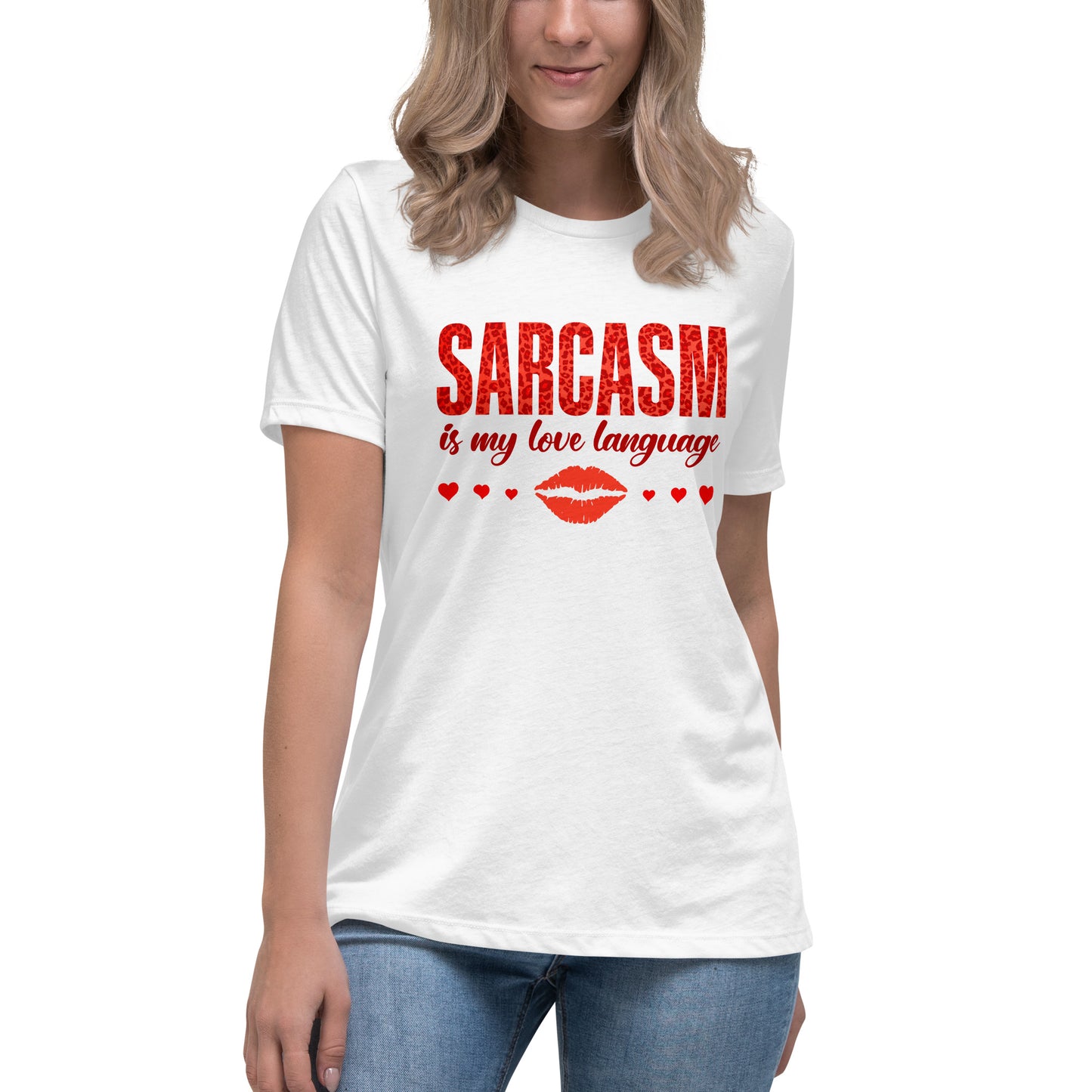 Women's Valentine's Day T Shirt - Sarcasm Is My Love Language Ladies Relaxed Fit Tee - Humorous Sarcastic Red Lips and Hearts Short Sleeve Shirt - Leopard Spots Valentine's Day Graphic Shirt