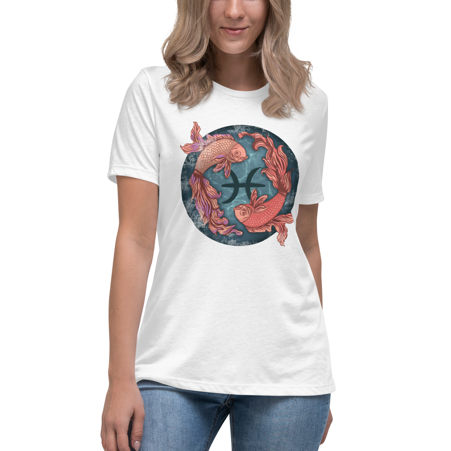 Pisces Women's Relaxed Fit T-Shirt, Short Sleeve Zodiac Sign Tee Birthday Gift for Her - 2 Swimming Fish - Celestial Astrology Gift for Ladies