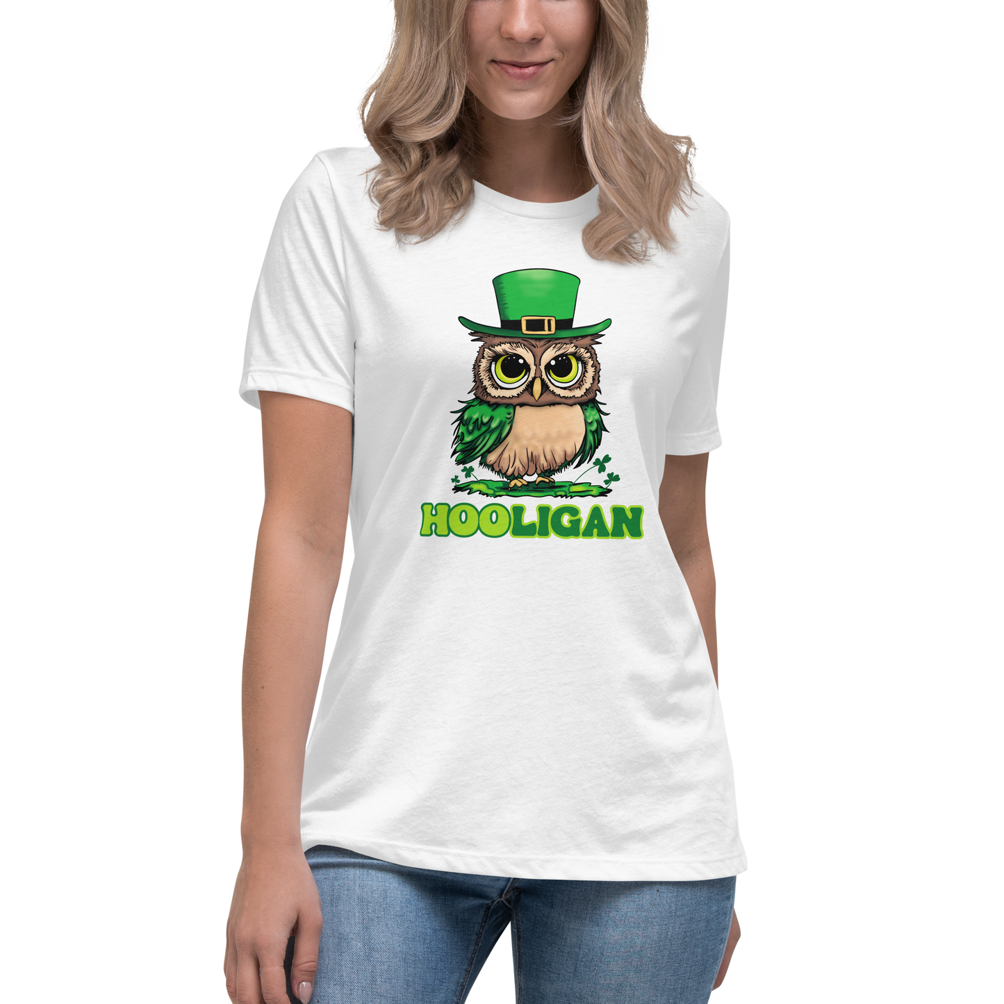 St. Patrick's Day Women's  T-Shirt, Cute Owl Shamrock Tee, Hooligan Ladies Short Sleeve Relaxed Fit Shirt