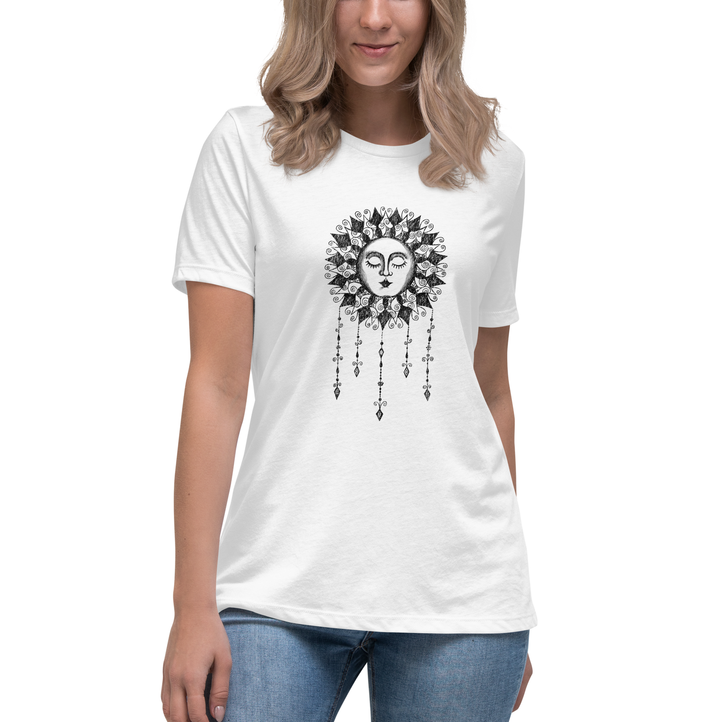 Women's Graphic Tee Boho Sun, Ladies Relaxed Fit T-Shirt, Sun with Face Celestial Art Short Sleeve Shirt for Her