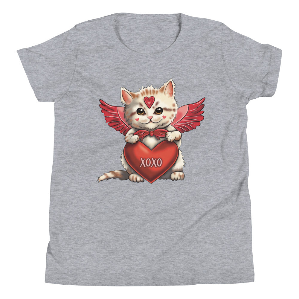 Girls Youth T Shirt - Cupid Kitten Valentine's Day Tee for Girls - Kids Clothing XOXO Cat Design Short Sleeve Shirt