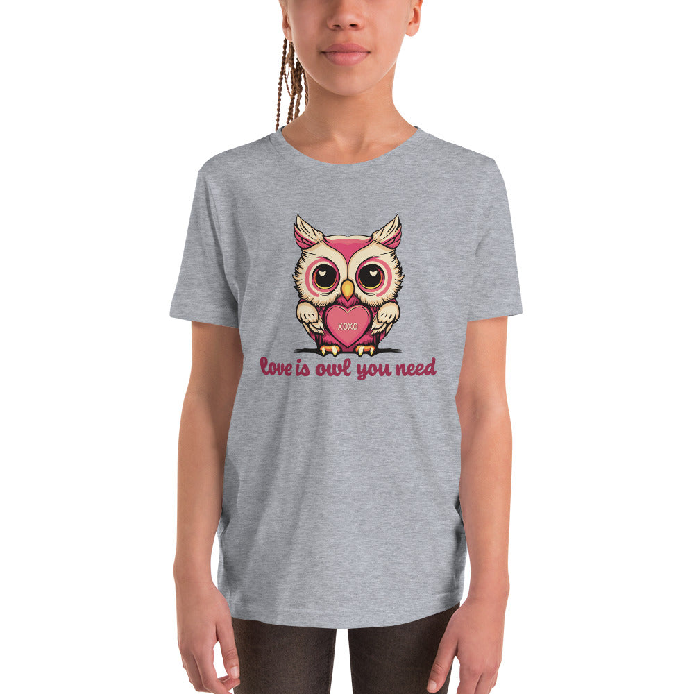 Youth Girls Valentine's Day T Shirt, Love is Owl You Need Cute Owl Graphic Tee for Kids - Youth Clothing Sizes Short Sleeve T-Shirt