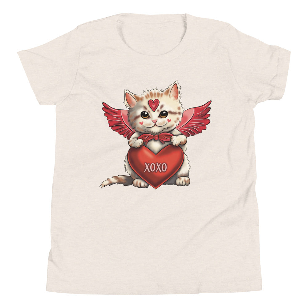 Girls Youth T Shirt - Cupid Kitten Valentine's Day Tee for Girls - Kids Clothing XOXO Cat Design Short Sleeve Shirt