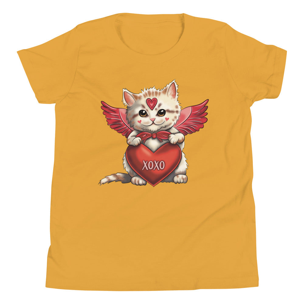 Girls Youth T Shirt - Cupid Kitten Valentine's Day Tee for Girls - Kids Clothing XOXO Cat Design Short Sleeve Shirt