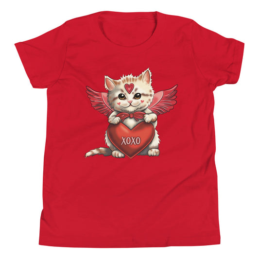 Girls Youth T Shirt - Cupid Kitten Valentine's Day Tee for Girls - Kids Clothing XOXO Cat Design Short Sleeve Shirt