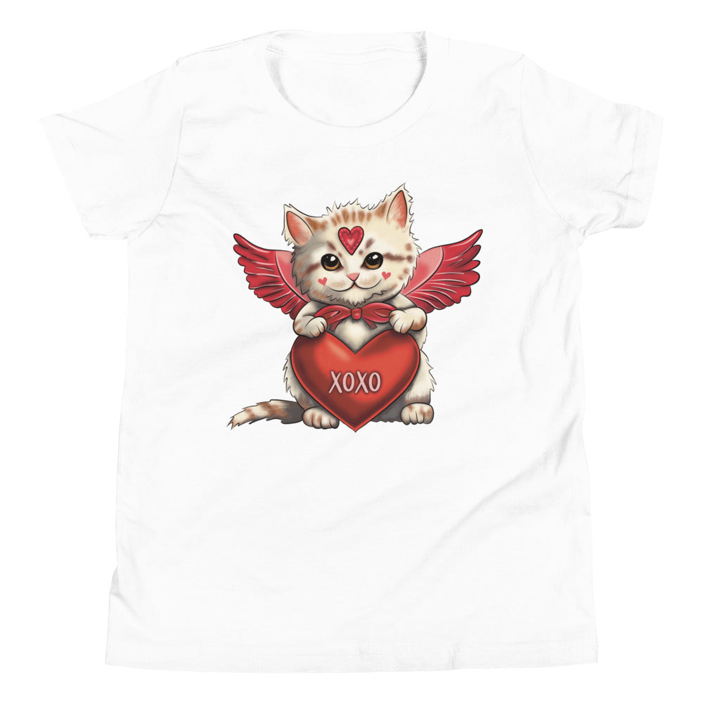 Girls Youth T Shirt - Cupid Kitten Valentine's Day Tee for Girls - Kids Clothing XOXO Cat Design Short Sleeve Shirt